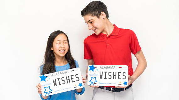 Maelin Kate and Nick Tony with Make-A-Wish Alabama car tag