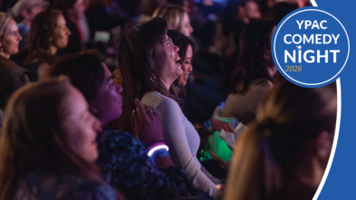 9th Annual YPAC Comedy Night header showcasing a person laughing at Cobbs Comedy