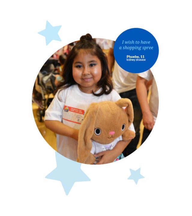Eleven-year-old Phoebe holds a plush bunny during her shopping spree wish. 