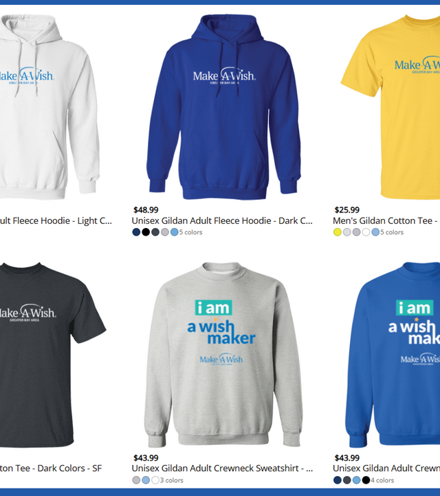 Sweatshirts and t-shirts with Make-A-Wish Greater Bay Area logo displayed in an online storefront
