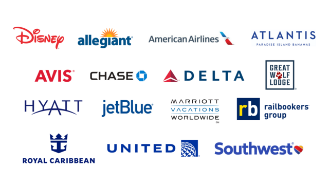 logos for Disney, Allegiant, American Airlines, Atlantis, Avis, Chase, Delta, Great Wolf Lodge, Hyatt, JetBlue, Marriott Vacations Worldwide, Railbookers, Royal Caribbean, United and Southwest